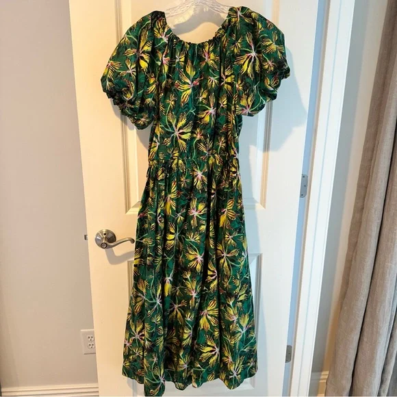 tigerlily green dress Navy V Neck Box Pleat Dress with Green Tiger Lily and Palm Leaves with  Pockets main image 0